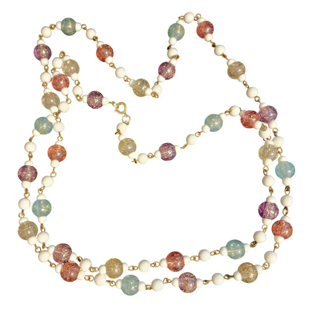 VTG Flapper Multi Color Confetti Resin Bead  Necklace White Gold Tone 52 Inch